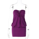 Purple Strapless Drawstring Ruched Mini Dress Bodycon Party Nightclub Dress for Women