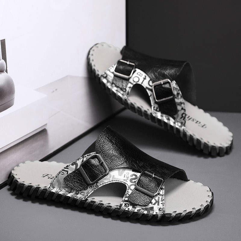 Fashion Design Hard Wearing Full Grain Genuine Leather Upper Handmade Men Slide Slippers Home Sandals