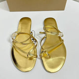 Gold Metallic-Look PU Leather Toe-Ring Women's Flat Sandals Flip-Flops Slippers for Beach Vacation Pantoufles Pour Femmes