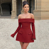Women Off Shoulder Blazer Dress Long Sleeve Pocket Detail Elegant Office Mini Dress