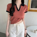 Polo Collar Graphic Tee Color Contrast Tops for Women Knitted Short-Sleeved Tee