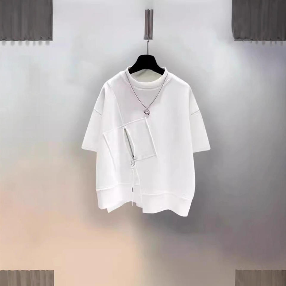 2026 Summer Deconstructed Streetwear T-shirt Men Oversized Zipper Pocket Asymmetrical Hem Casual Hip Hop Tee