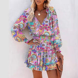 Women Long Sleeve Floral Dress V Neck Ruffle Tiered Elastic Waist Boho Mini Dress