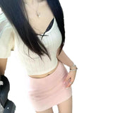 Women's Summer Knit Crop Top, Y2K Hollow Out Short Sleeve T-Shirt, Slim Fit U-Neck Cropped Blouse with Lace Trim