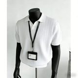 Men Vertical Rib Knit Polo Shirt V Neck Lapel Collar Short Sleeve Slim Fit Knitted T Shirt Daily Business Casual Tops