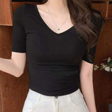 Women Lapel V Neck 3/4 Sleeve Cropped Top Slim Fit Stretch Solid Color Basic Casual Tee Shirt