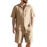 Men's Linen Striped Two Piece Set - Short Sleeve Button Down Shirt & Shorts Casual Summer Outfit
