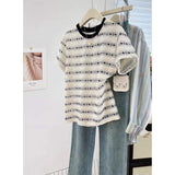 Women's Vintage Star Chain Striped T Shirt Contrast Black Collar Short Sleeve Casual Blouse Ladies Daily Basic Tee Shirts
