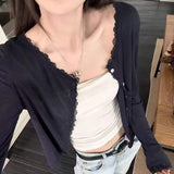 2026 New Arrival Women's Lace Trim Sheer Sun Protection Cardigan with Flared Sleeves & Button Front for Summer Layering