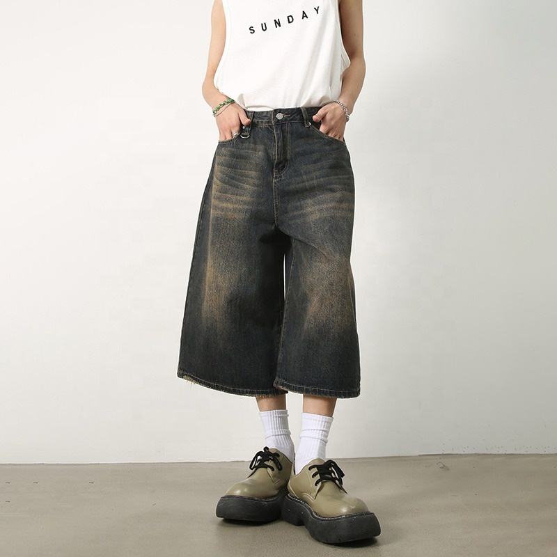 High Quality Loose Streetwear Baggy Vintage Wholesale Jeans Light Washed Selvedge Denim Manufacturer Blank Men's Long Shorts