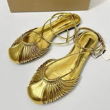 Elegant Metallic Gold Strappy Flat Sandals Round Toe Ankle Wrap Casual Summer Flat Shoes for Women