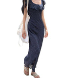 Women Navy Blue Polka Dot Dress Square Neck Ruffle Cap Sleeve Backless Tie Waist Slim Chiffon Long Dress Vintage Summer Sundress