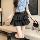 Women Belted Polka Dot Tiered Mini Skirt Grey Double Ruffle Cake Skirt High Waist Sweet Girls Summer Casual Short Skirts