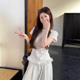 2026 Fashion Jacquard Sweet Lace Stitching Short-sleeved Women's T-shirt Summer New Slim-fit Trendy Base Women's Top