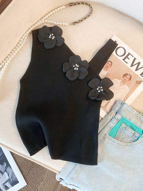 Irregularity Flower Cropped Top Summer Basic tank Top Off-the-shoulder Waistcoat