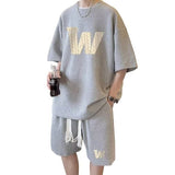 Hong Kong Style Waffles Men's Short-Sleeved T-Shirt and Shorts Two-Piece Set Summer Handsome Teenager Fashion Suit for Men