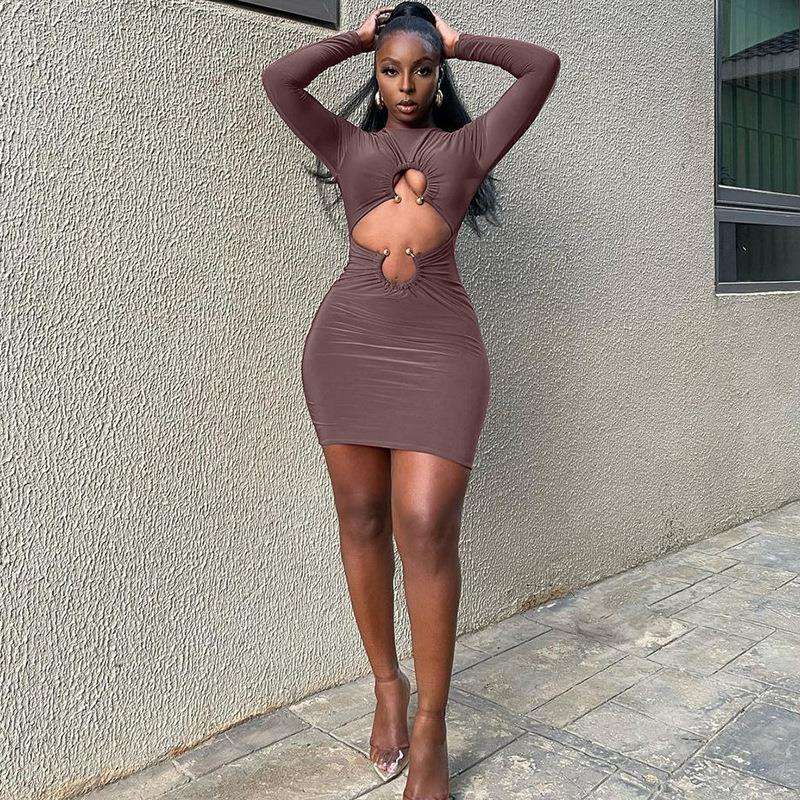 Long Sleeve Double Hollow Out Mini Dress Women Metal Ring Ruched Waist Bodycon Night Club Figure Hugging Stretch Short Dress