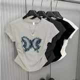 Women Fringe Butterfly Patch T Shirt Crew Neck Side Ruched Curved Hem Slim Fit Short Sleeve Multi Color Y2K Casual Crop Tops