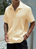 Men Solid Wrinkle Textured Short Sleeve T-Shirt Lapel Collar Button Down Breathable Loose Casual Summer Blouse
