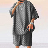 2025 Men's Summer New Jacquard Plaid Short-sleeved T-shirt Loose Large Size Straight Casual Shorts Set