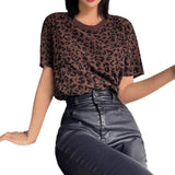 2026 New Arrival Women's Leopard Print Ribbed Knit T-Shirt, Contrast Color Casual Short Sleeve Top