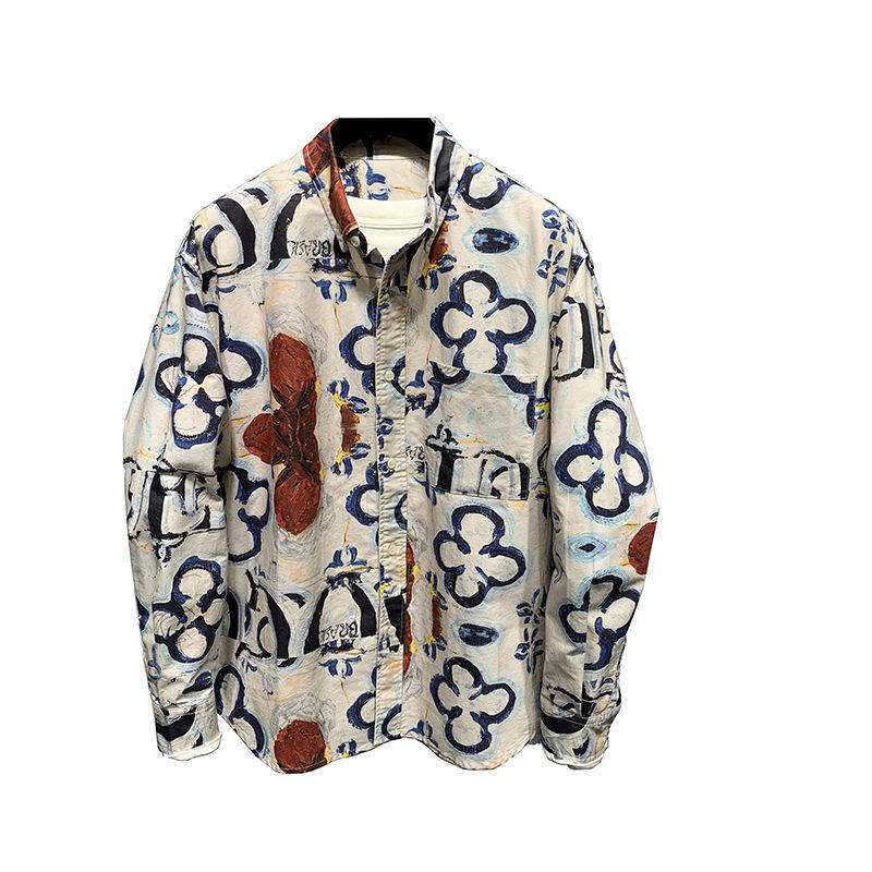 2026 Retro Full-length Printed Men's Long-sleeved Shirt Autumn New Korean Style Loose Fashionable Distinctive Polo Shirt