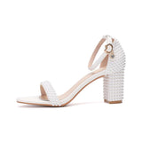 Women Quality Pearl Decorated Open Toe Block Heel Sandals Ankle Strap With Rhinestone Buckle for Bridal Wedding Events
