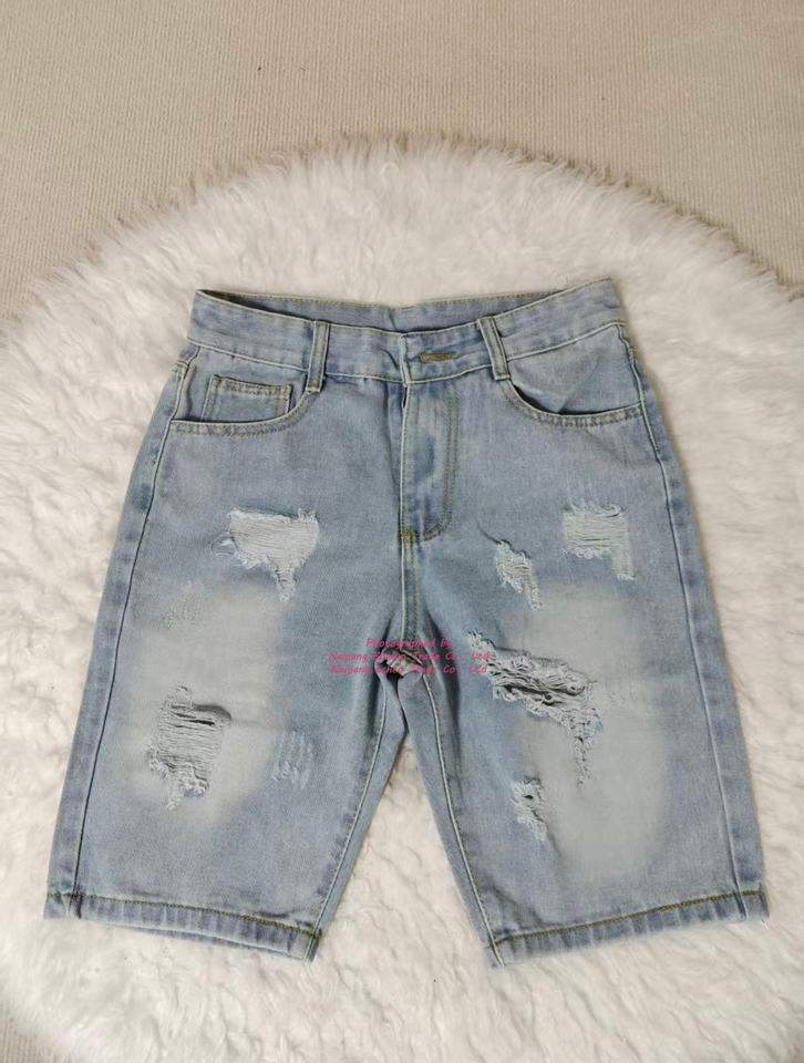 Summer Leisure Classic Fashion Versatile, Broken Hole, Split Fur Edge Straight Men's Denim Shorts and Jeans