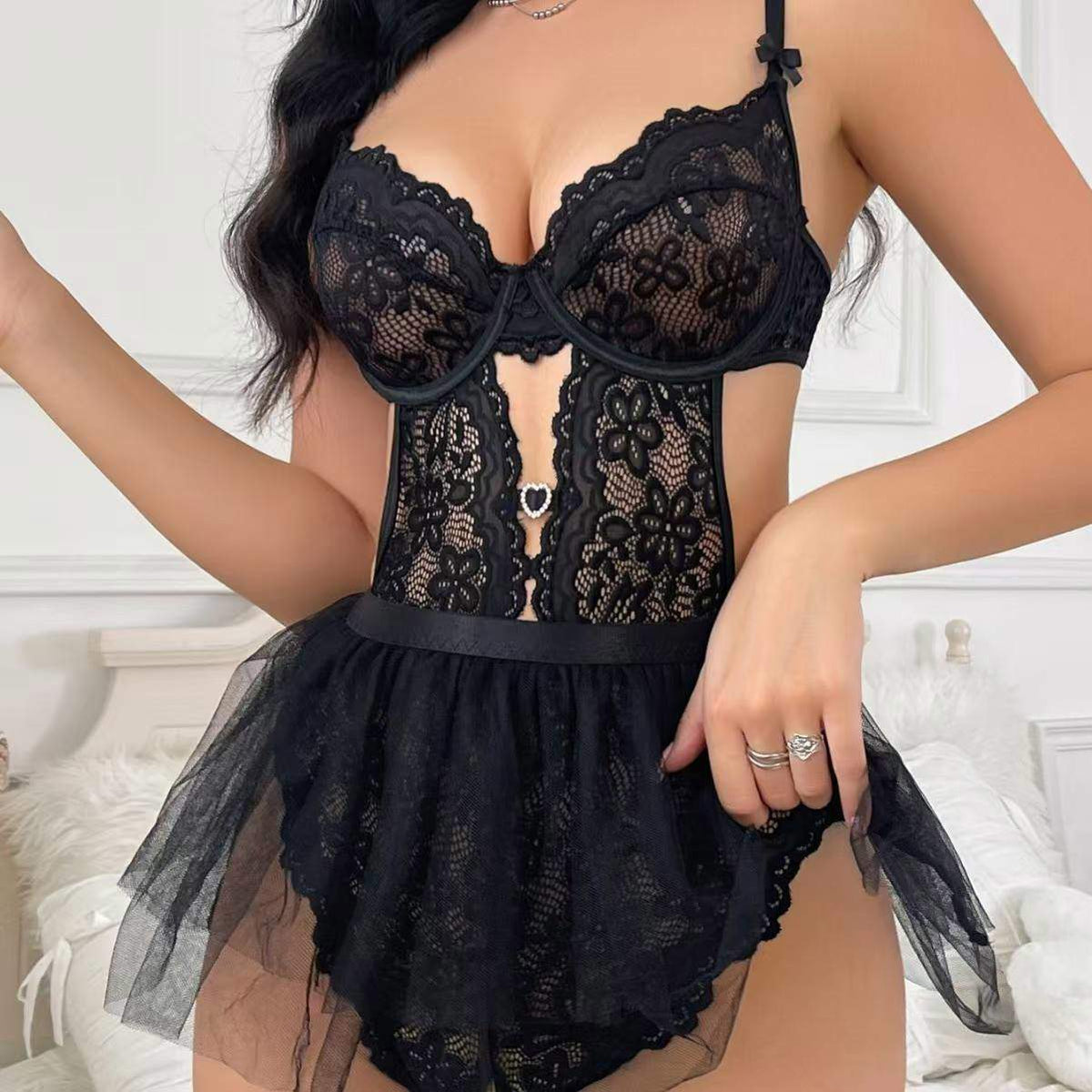 New Style Sexy Lingerie Hollow Out Sexy Women's Underwear With Fluffy Skirt Set