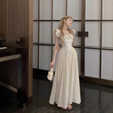 Elegant Women Pink Ruffle Square Neck Maxi Dress Flutter Cap Sleeve Corset Waist Pleated Flowy Long Dress