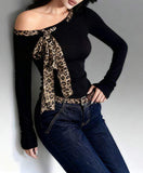 Oblique Shoulder Base Top Vintage Crop Top Leopard Print Bow Long Sleeve T-shirt
