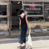 Women Navy Blue Polka Dot Dress Square Neck Ruffle Cap Sleeve Backless Tie Waist Slim Chiffon Long Dress Vintage Summer Sundress