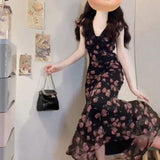 Women Black Base Pink Rose Floral Maxi Dress V Neck Ruffle Cap Sleeve Waist Slim Long Dress Summer Elegant Floral Print Dress