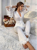 New Cross-border Luxury Night Collection Women's Long Sleeve & Long Pants Lace Pajama Loungewear Set