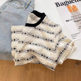 Women's Vintage Star Chain Striped T Shirt Contrast Black Collar Short Sleeve Casual Blouse Ladies Daily Basic Tee Shirts
