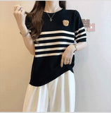 Streak Knitted Crop Top Ice Silk Women's Clothing Versatile Short-Sleeved Tee