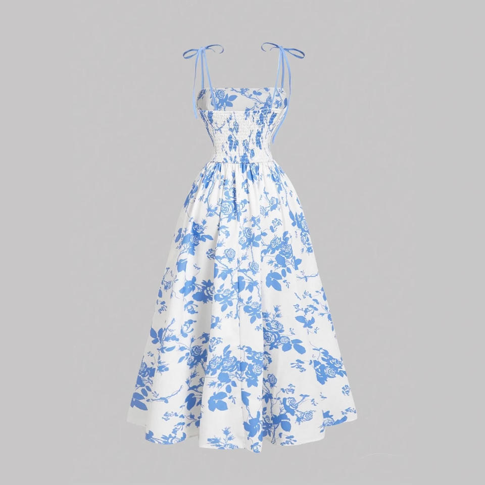 Vintage Floral Print Tie Strap Spaghetti Strap Swing Midi Sundress