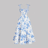 Vintage Floral Print Tie Strap Spaghetti Strap Swing Midi Sundress