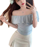 Women Off Shoulder Ruffle Trim Crop Top Solid Color Ruched Waist Slim Fit Short Blouse Casual Daily Wear T-Shirt