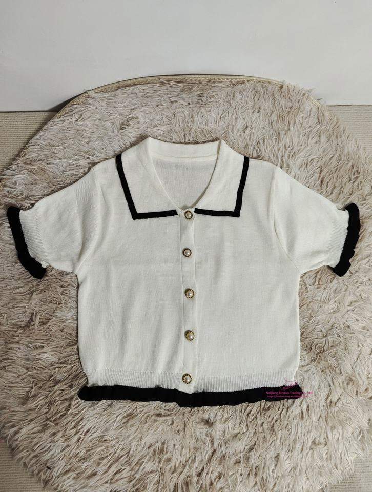 Ice Silk Short Knit Cardigan Short Sleeve Ice Silk Polo Shirt Knitted Short-sleeved Blouse