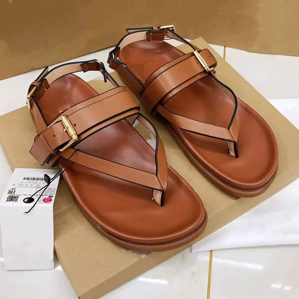 Women's Flat Roman Sandals Buckle Strap Toe-Post Versatile Slide Slippers
