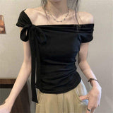 2026 Pure Desire Off-shoulder Design Sense Women's Short Sleeve T-shirt Summer New Slim Lace-up Asymmetrical Top
