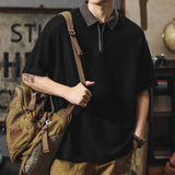 Japanese Style Retro Polo Shirt Men's Summer Heavy-weight Loose Zipper Lar Sports Men's Short-sleeved T-shirt Fashion Brand Half
