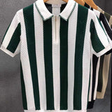 Men Hollow Out Vertical Stripe Knit Half Zip Collar Short Sleeve Breathable Mesh Knitted T Shirt for Summer Casual Business