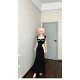 New French Tea-Length Dress Square Neck Lace Ruffle Polka Dot Dress Women Backless Waist Slim Long Dress for Summer
