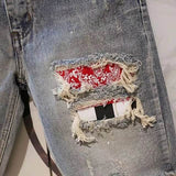 Summer Hip Hop Style Denim Men Shorts Straight Leg Harem Pants with Big Knee Destruction and Cashew Flower Ripped Design Shorts