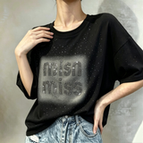 Women Gradient Full Rhinestone Reversed Letter Short Sleeve T Shirt Oversized Loose Sparkle Diamond Soft Casual Graphic Tee Tops