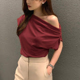 Loose Short Sleeve Top Fashionable Graphic Tee Irregular Oblique Shoulder Tops for Women