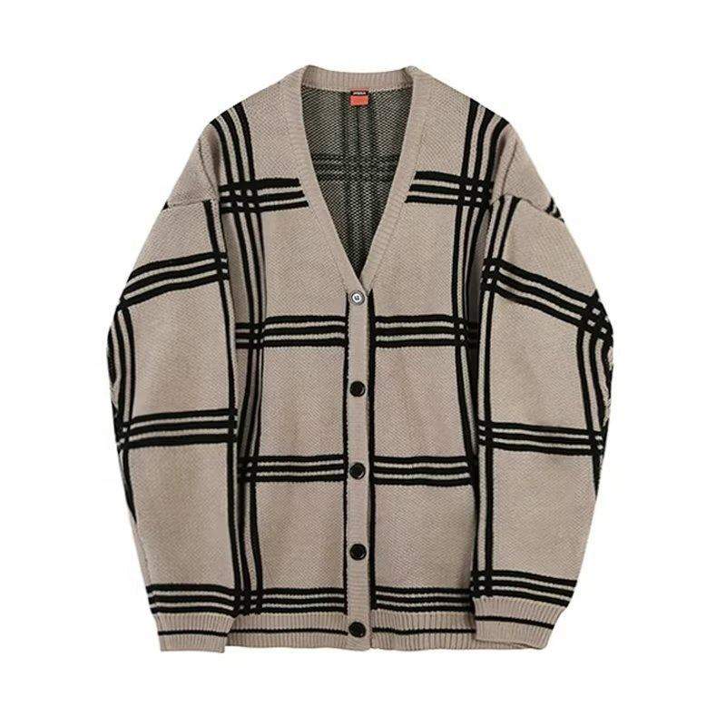 Plaid Men's Knit Bottom Cardigan V Neck Relaxed Fit Knitted Long Sleeve Fitting Sweater Casual Men Sweaters
