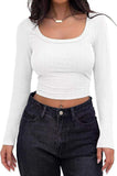 Ribbed Long-sleeved Top Square Collar Crop Top Slim-fit Long-sleeved T-shirts